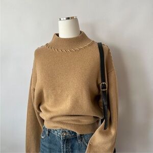 The Cashmere Project  Whipstitch Mock Sweater Soft Academia Cozy Knit Tan Large.
